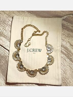 J. Crew Fan Baguette Crystal Clear Rhinestone Brass Tone Statement Necklace EUC